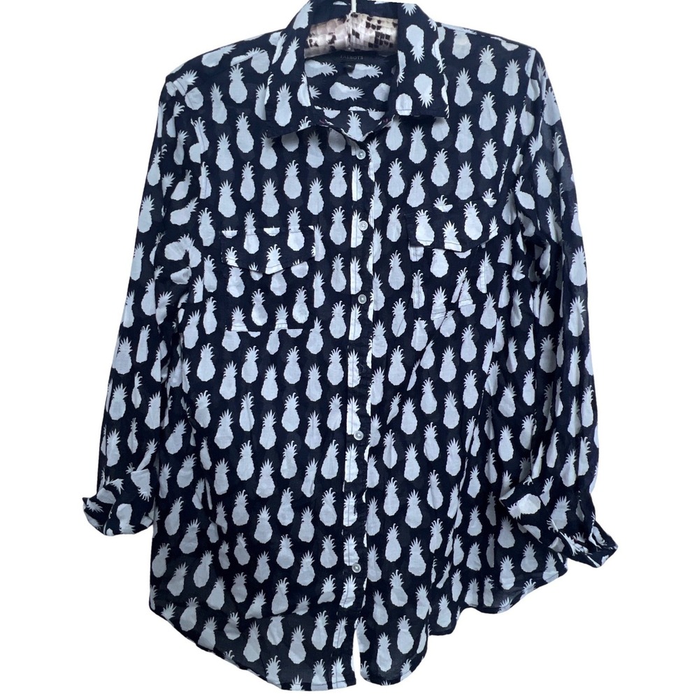 Talbots Womens M Navy Blue White Pineapple Print Long Sleeve Button Up Shirt
